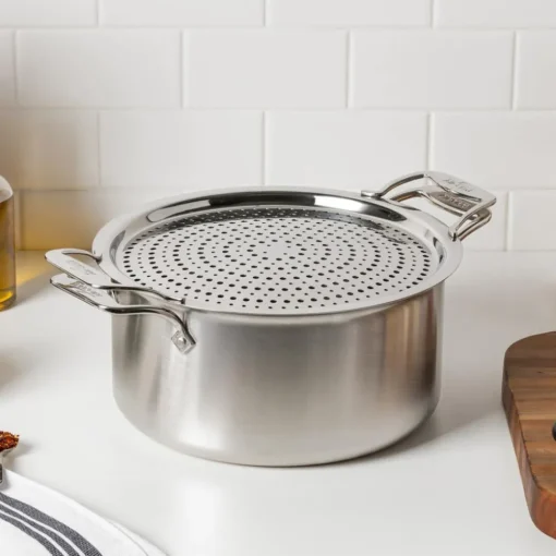 New 8-Quart Stockpot with Splatter Guard / D5 Brushed Stainless Masterpiece Soups & Stockpots | Strain & Splatter Guards